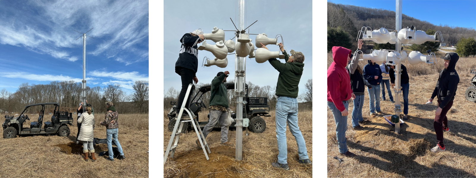 Collage of three photos. The first shows three people standing up a large metal post. The second shows three people installing white gourd-shaped nest boxes on the post. The third shows a group of six people inspecting the completed structure.