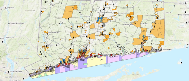 Map of CT coastline with project locations marked. 