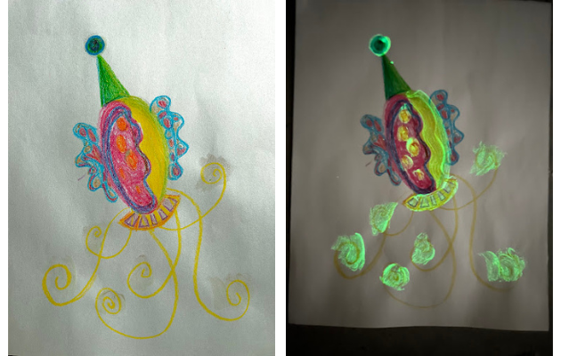 Collage of two photos of paintings by children. The subject is a colorful squid. In the photo on the right it is glowing in the dark.