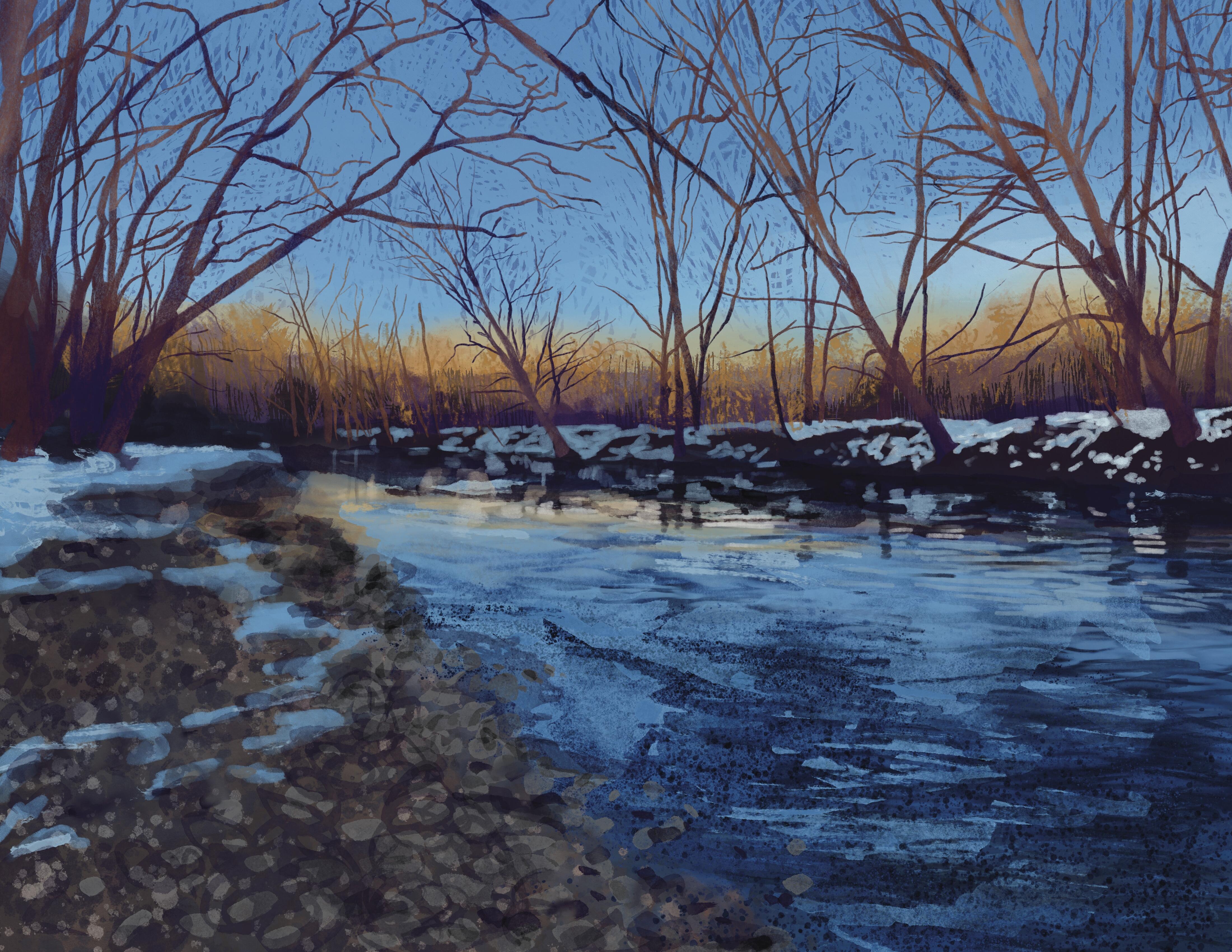 A digital painting of a river at the Bent of the River Audubon Center, at dusk.