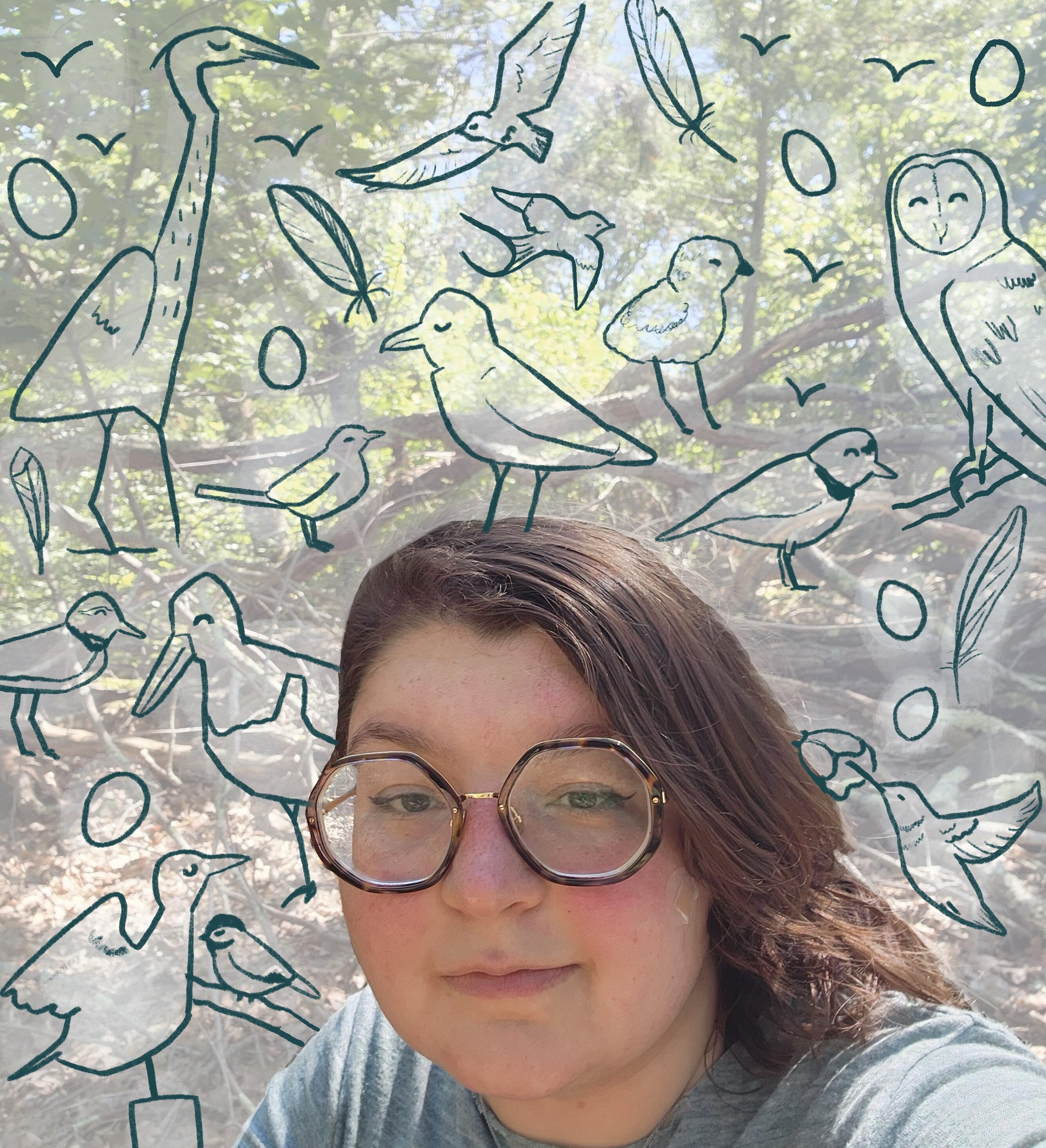 A close-up selfie of Allison Middlemass, surrounded by bird illustrations.