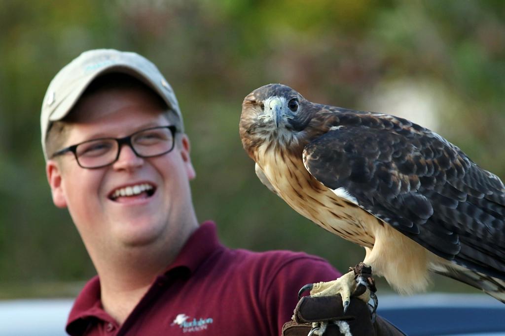 Zach Adams of Audubon Sharon with a Red-tailed Hawk. Photo: Thomas Clark